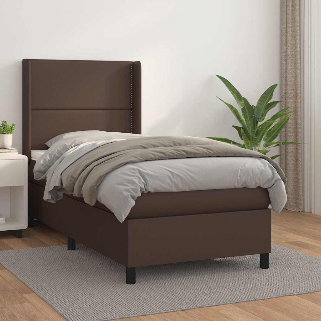 Κρεβάτι Boxspring με Στρώμα Καφέ 90x200 εκ. από Συνθετικό Δέρμα