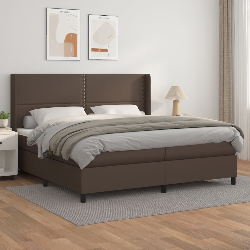 Κρεβάτι Boxspring με Στρώμα Καφέ 200x200 εκ. Συνθετικό Δέρμα - Pakobazaar