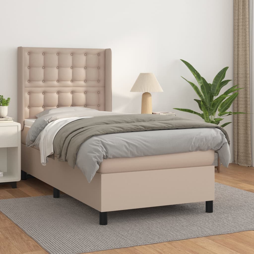 Κρεβάτι Boxspring με Στρώμα Καπουτσίνο 100x200εκ.από Συνθ.Δέρμα - Pakobazaar