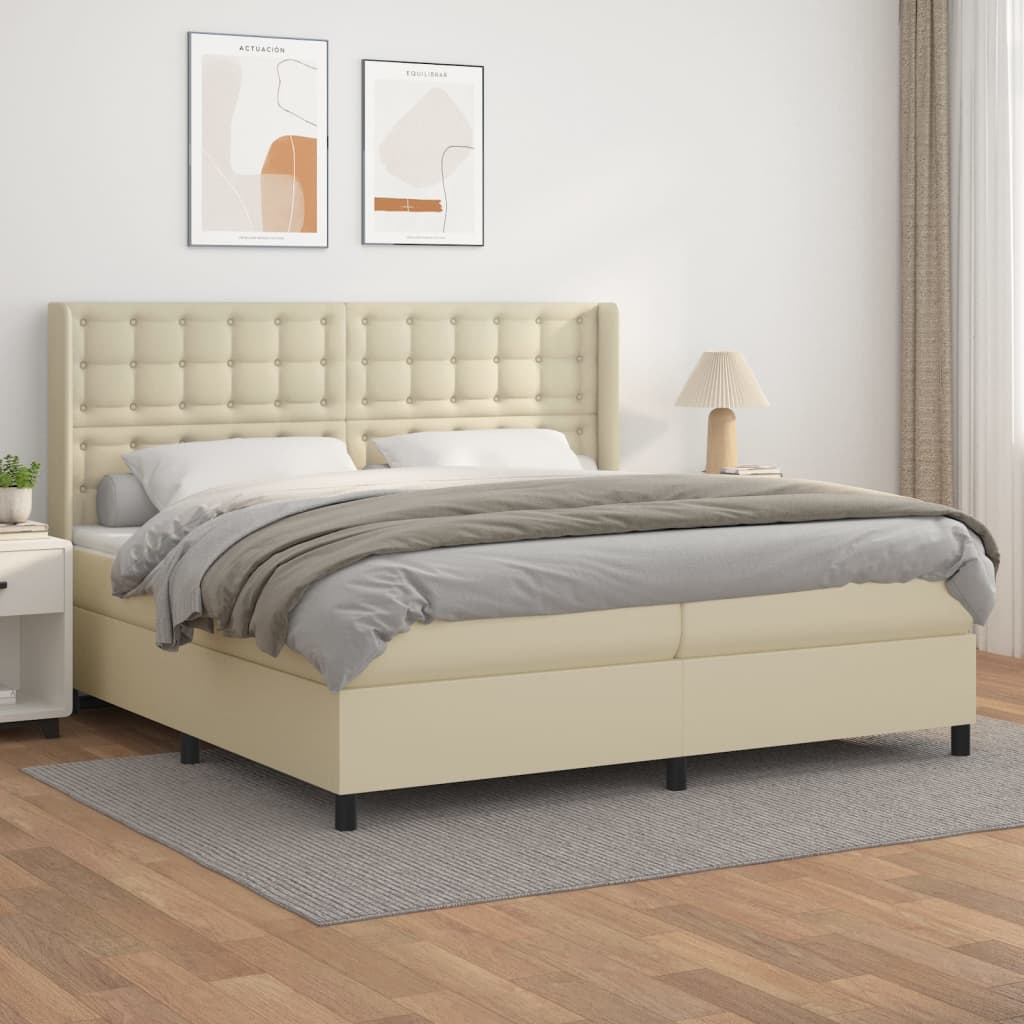 Κρεβάτι Boxspring με Στρώμα Κρεμ 200x200 εκ. Συνθετικό Δέρμα - Pakobazaar