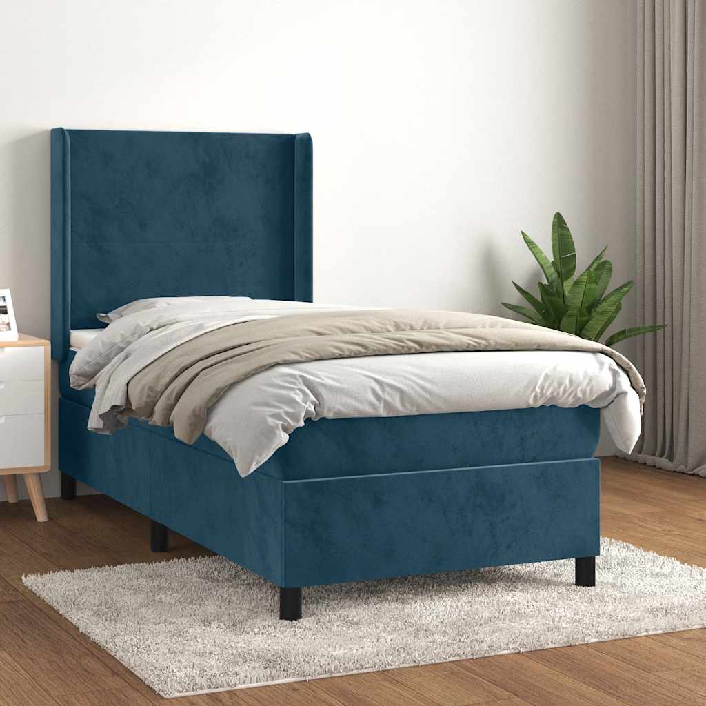 Κρεβάτι Boxspring με Στρώμα Σκούρο Μπλε 90x190 εκ. Βελούδινο - Pakobazaar