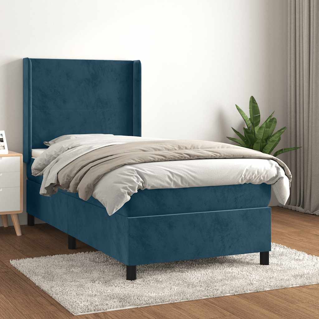 Κρεβάτι Boxspring με Στρώμα Σκούρο Μπλε 90x200 εκ. Βελούδινο - Pakobazaar