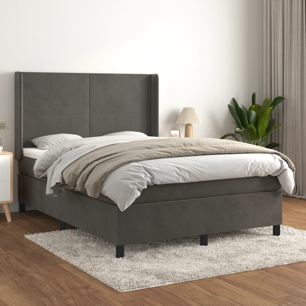 Κρεβάτι Boxspring με Στρώμα Σκούρο Γκρι 140x190 εκ. Βελούδινο - Pakobazaar
