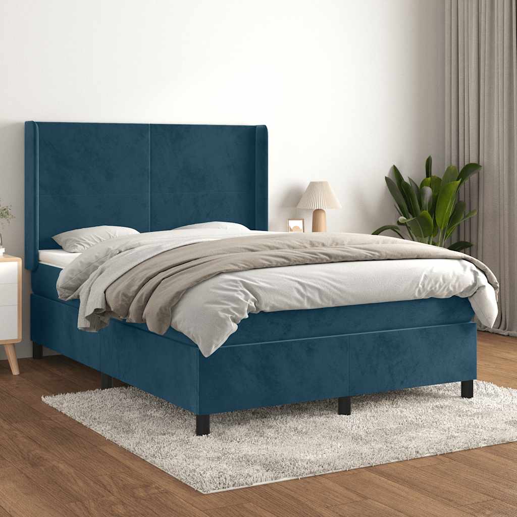 Κρεβάτι Boxspring με Στρώμα Σκούρο Μπλε 140x190 εκ. Βελούδινο - Pakobazaar