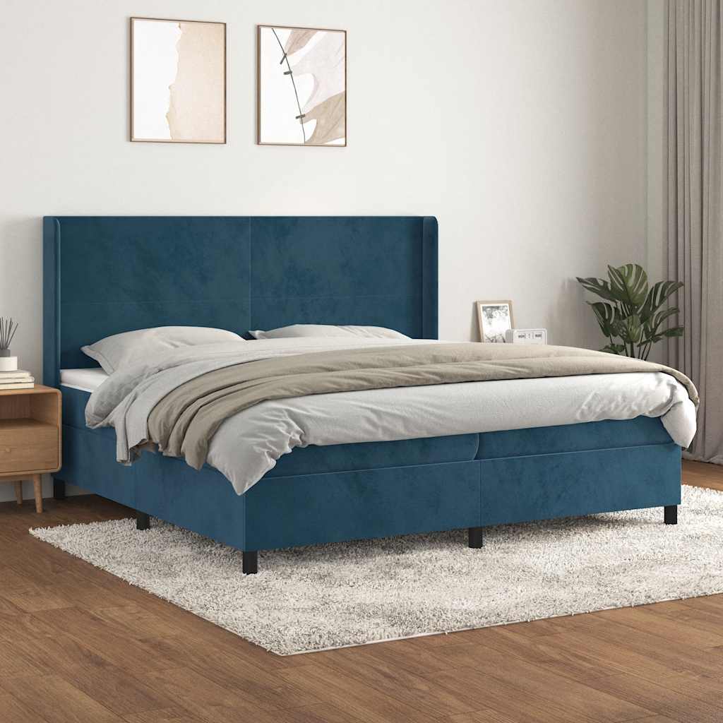 Κρεβάτι Boxspring με Στρώμα Σκούρο Μπλε 200x200 εκ. Βελούδινο - Pakobazaar