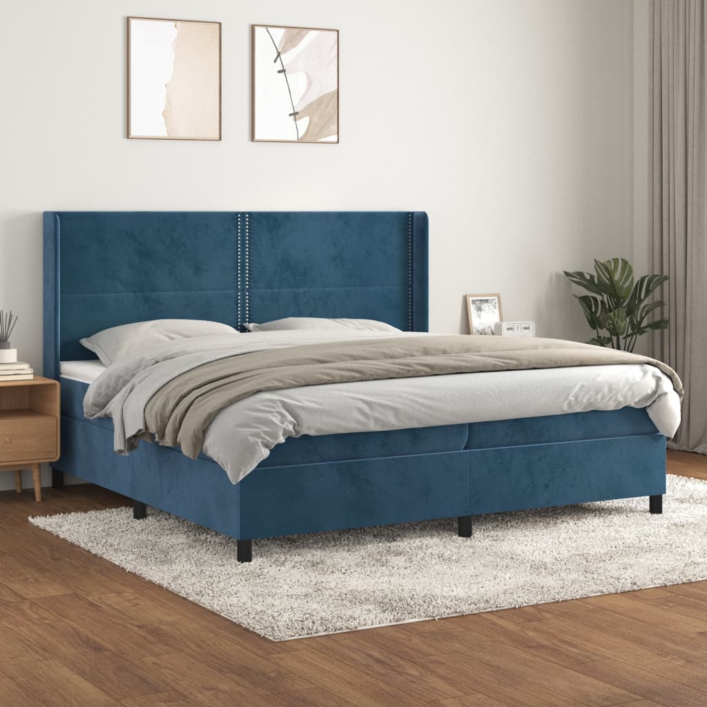 Κρεβάτι Boxspring με Στρώμα Σκούρο Μπλε 200x200 εκ. Βελούδινο - Pakobazaar