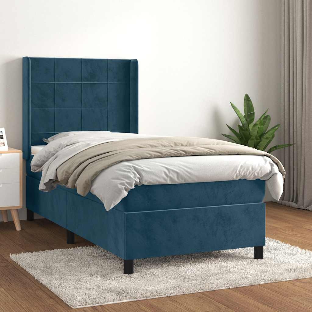Κρεβάτι Boxspring με Στρώμα Σκούρο Μπλε 90x190 εκ. Βελούδινο - Pakobazaar