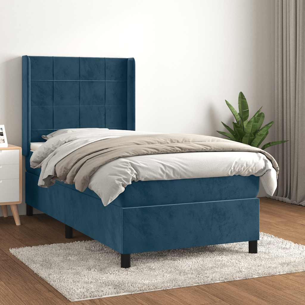 Κρεβάτι Boxspring με Στρώμα Σκούρο Μπλε 90x200 εκ. Βελούδινο - Pakobazaar