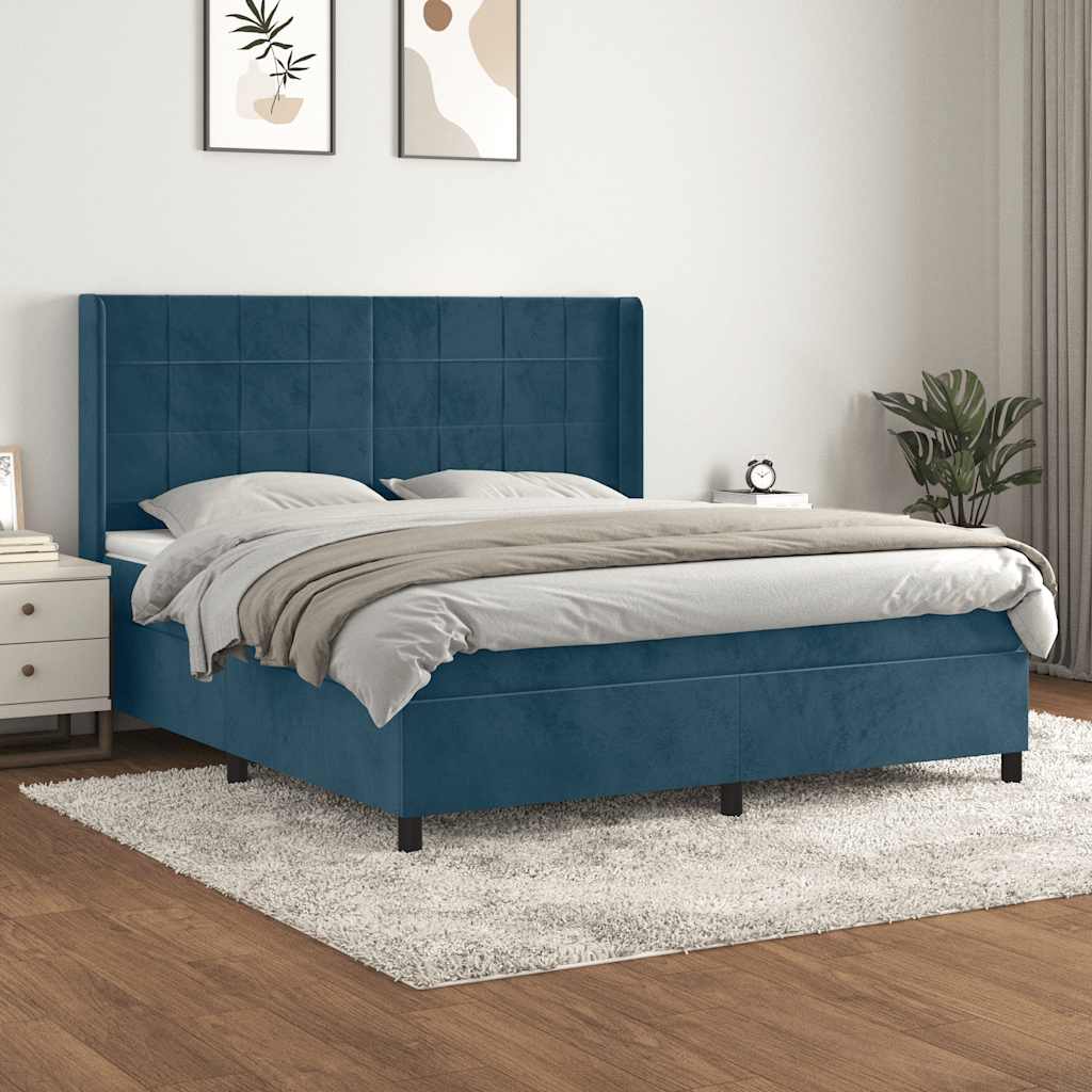 Κρεβάτι Boxspring με Στρώμα Σκούρο Μπλε 160x200 εκ. Βελούδινο - Pakobazaar
