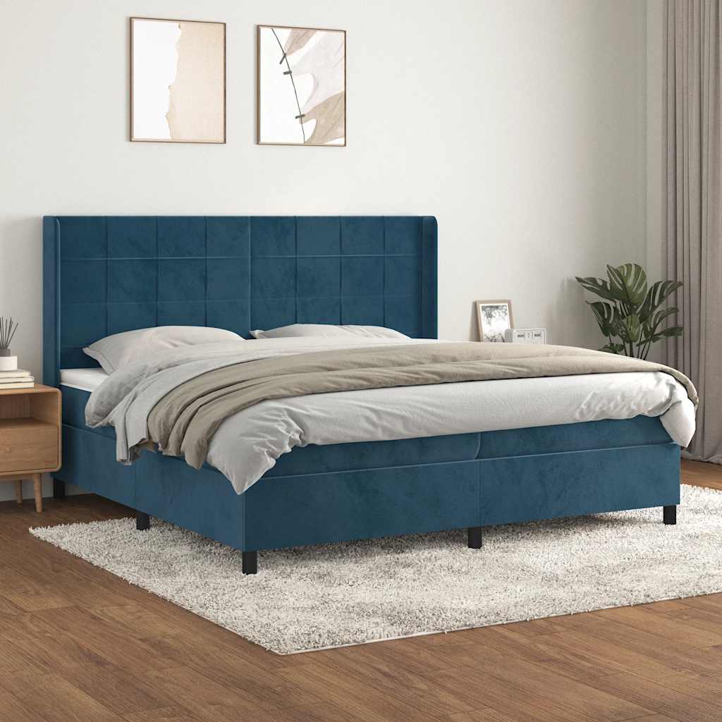 Κρεβάτι Boxspring με Στρώμα Σκούρο Μπλε 200x200 εκ. Βελούδινο - Pakobazaar