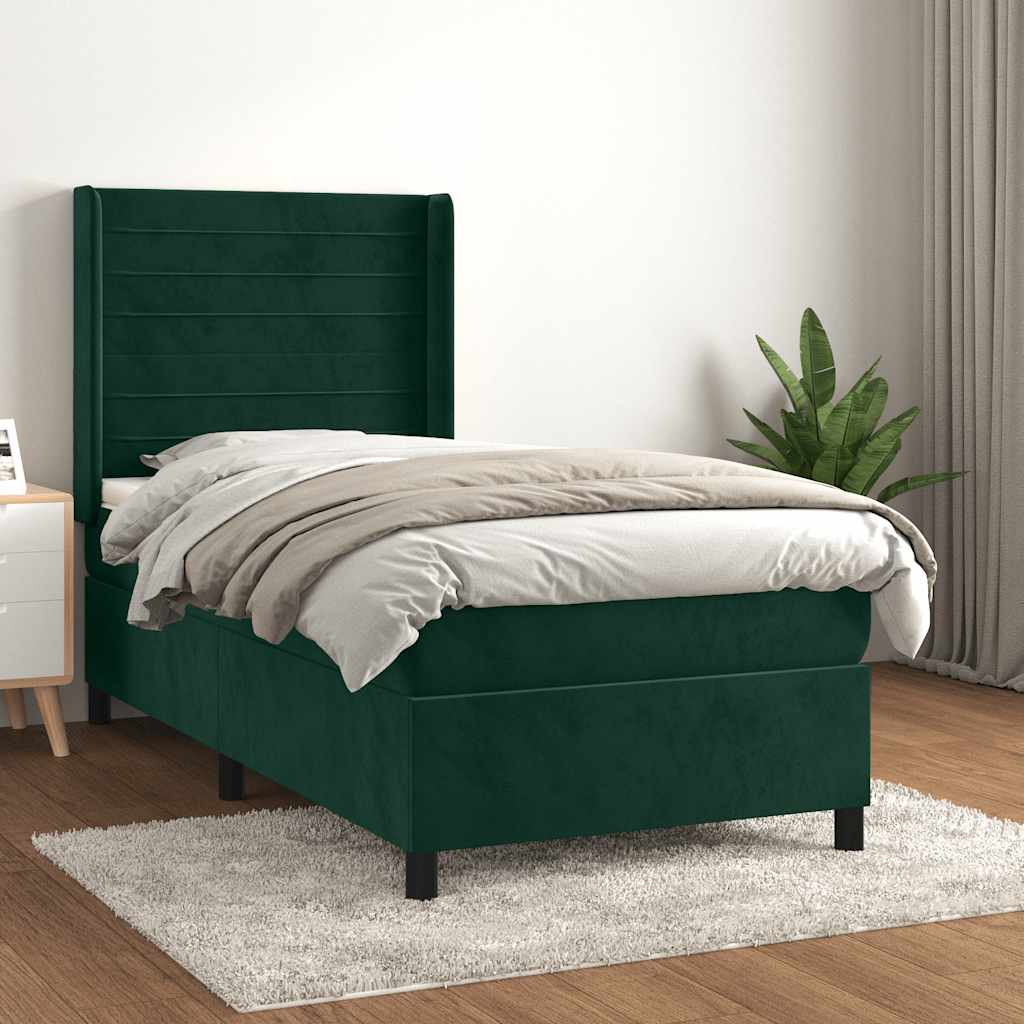 Κρεβάτι Boxspring με Στρώμα Σκούρο Πράσινο 90x190 εκ. Βελούδινο - Pakobazaar