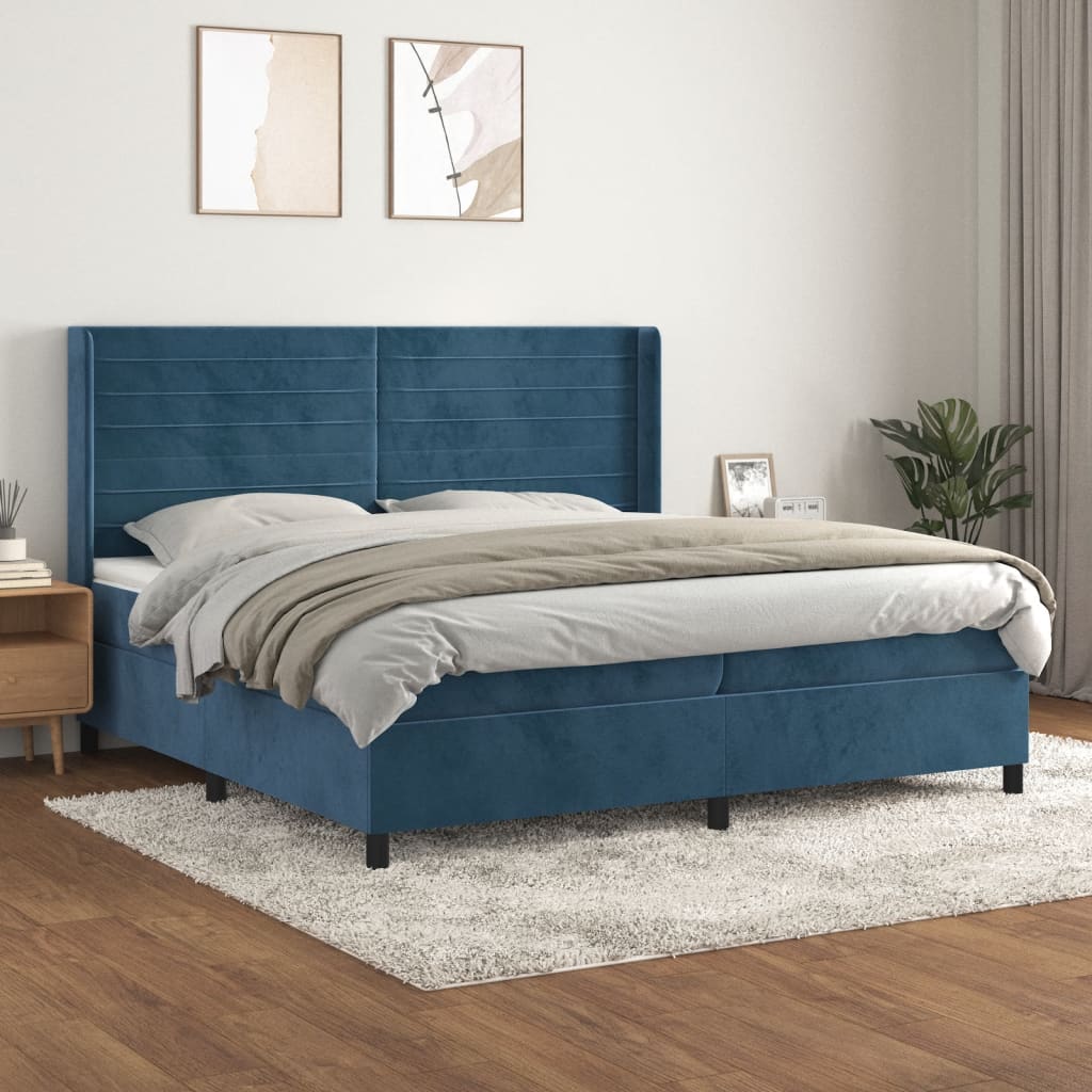 Κρεβάτι Boxspring με Στρώμα Σκούρο Μπλε 200x200 εκ. Βελούδινο - Pakobazaar