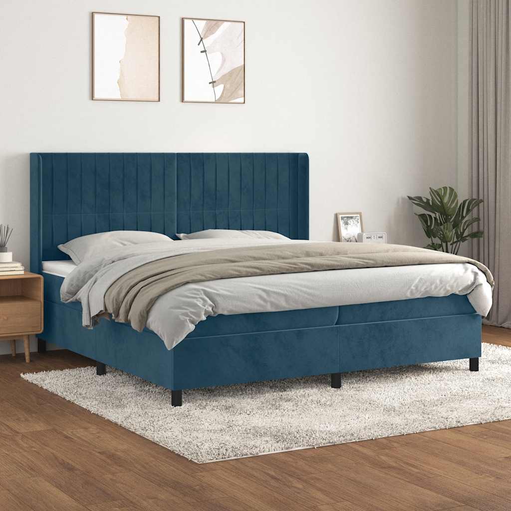 Κρεβάτι Boxspring με Στρώμα Σκούρο Μπλε 200x200 εκ. Βελούδινο - Pakobazaar