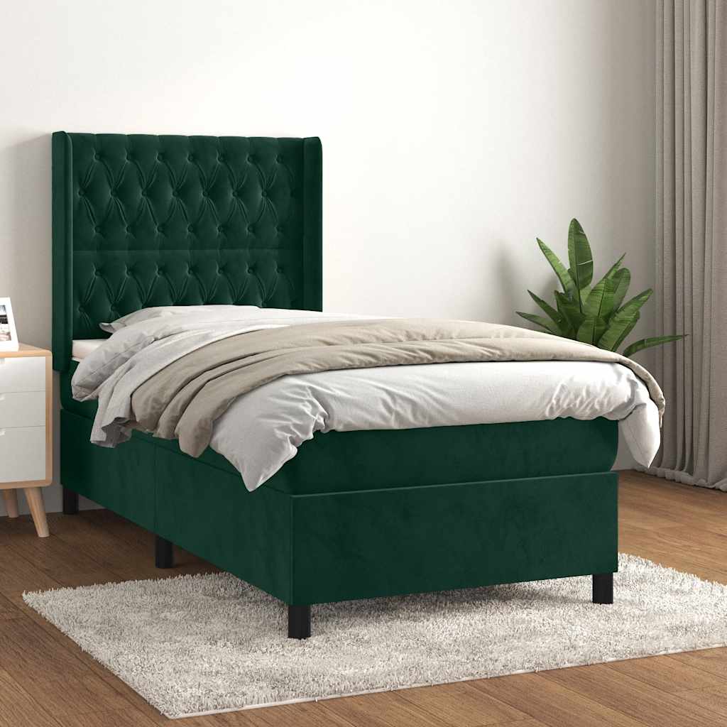 Κρεβάτι Boxspring με Στρώμα Σκούρο Πράσινο 90x190 εκ. Βελούδινο - Pakobazaar