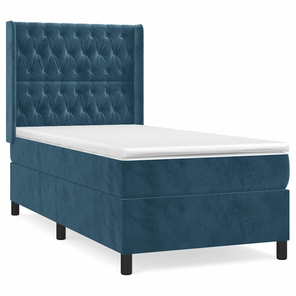 Κρεβάτι Boxspring με Στρώμα Σκούρο Μπλε 90x190 εκ. Βελούδινο - Pakobazaar
