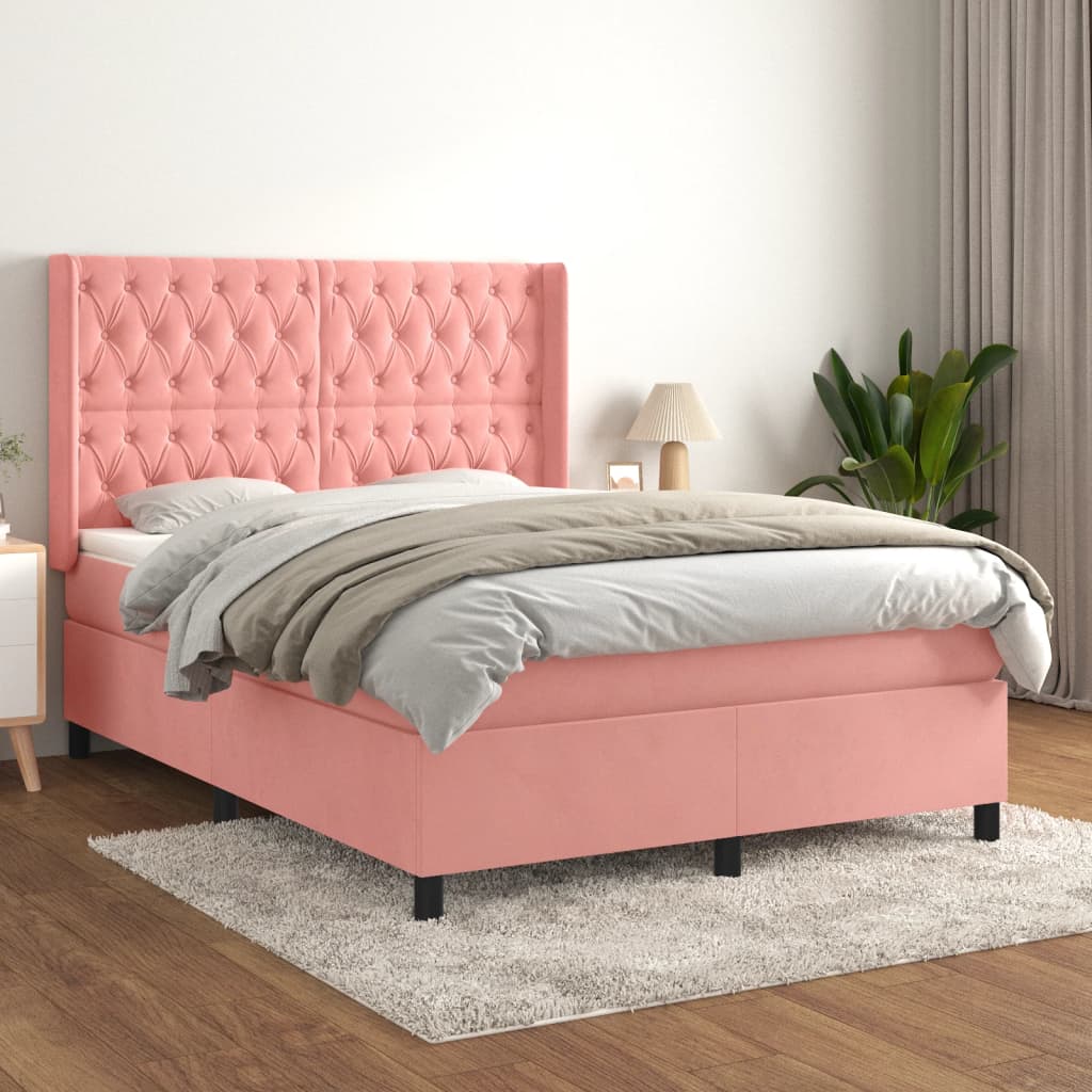 Κρεβάτι Boxspring με Στρώμα Ροζ 140x190 εκ. Βελούδινο - Pakobazaar