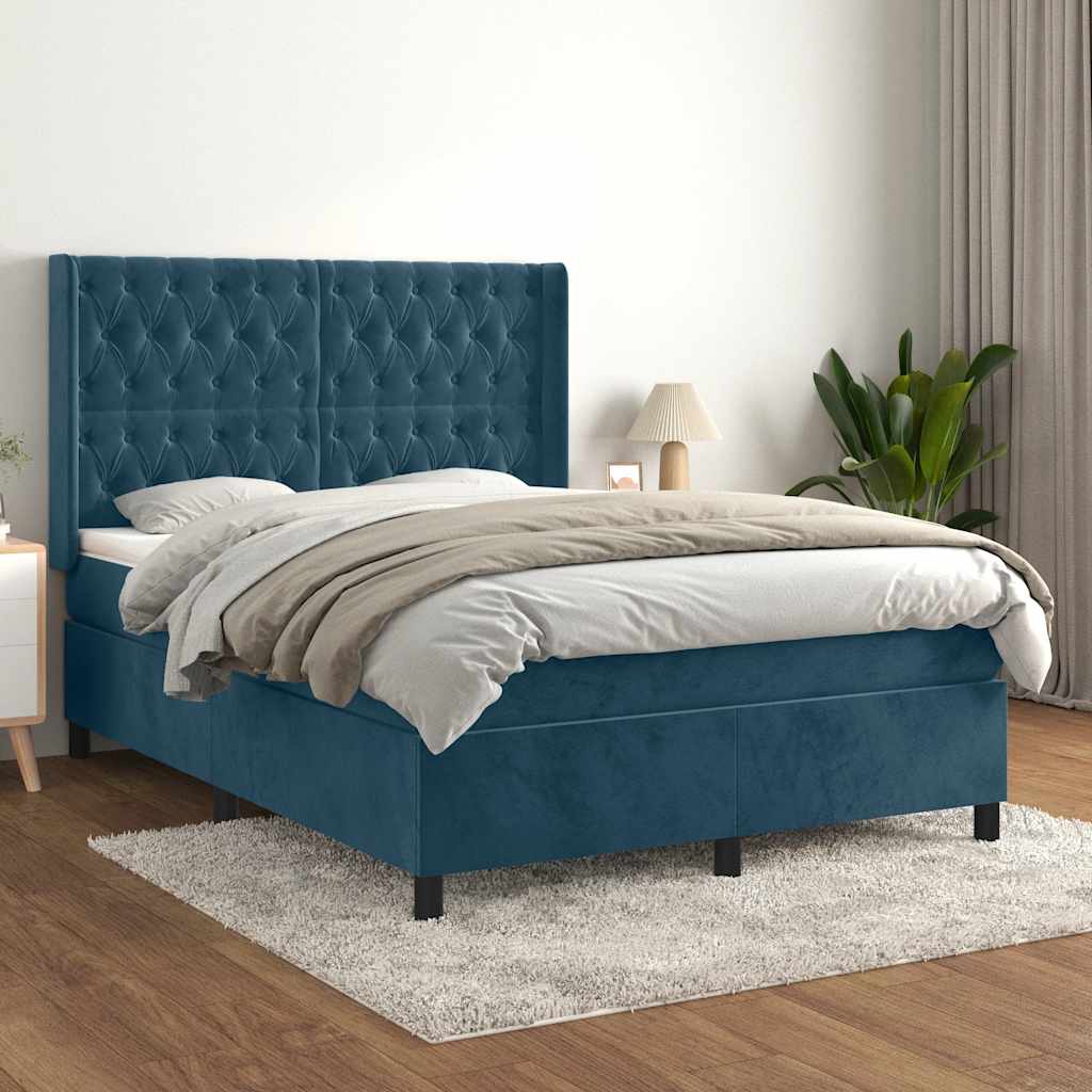 Κρεβάτι Boxspring με Στρώμα Σκούρο Μπλε 140x200 εκ. Βελούδινο - Pakobazaar