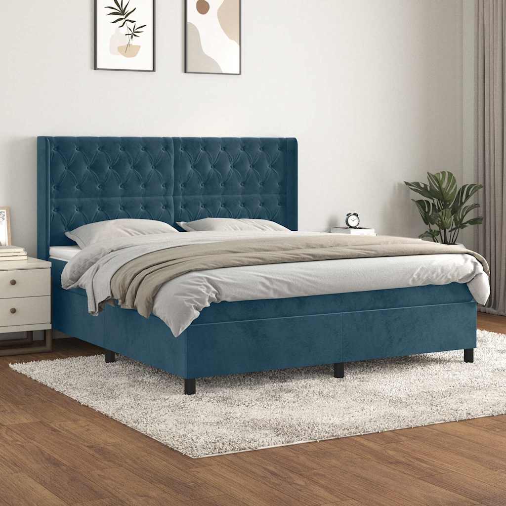 Κρεβάτι Boxspring με Στρώμα Σκούρο Μπλε 160x200 εκ. Βελούδινο - Pakobazaar
