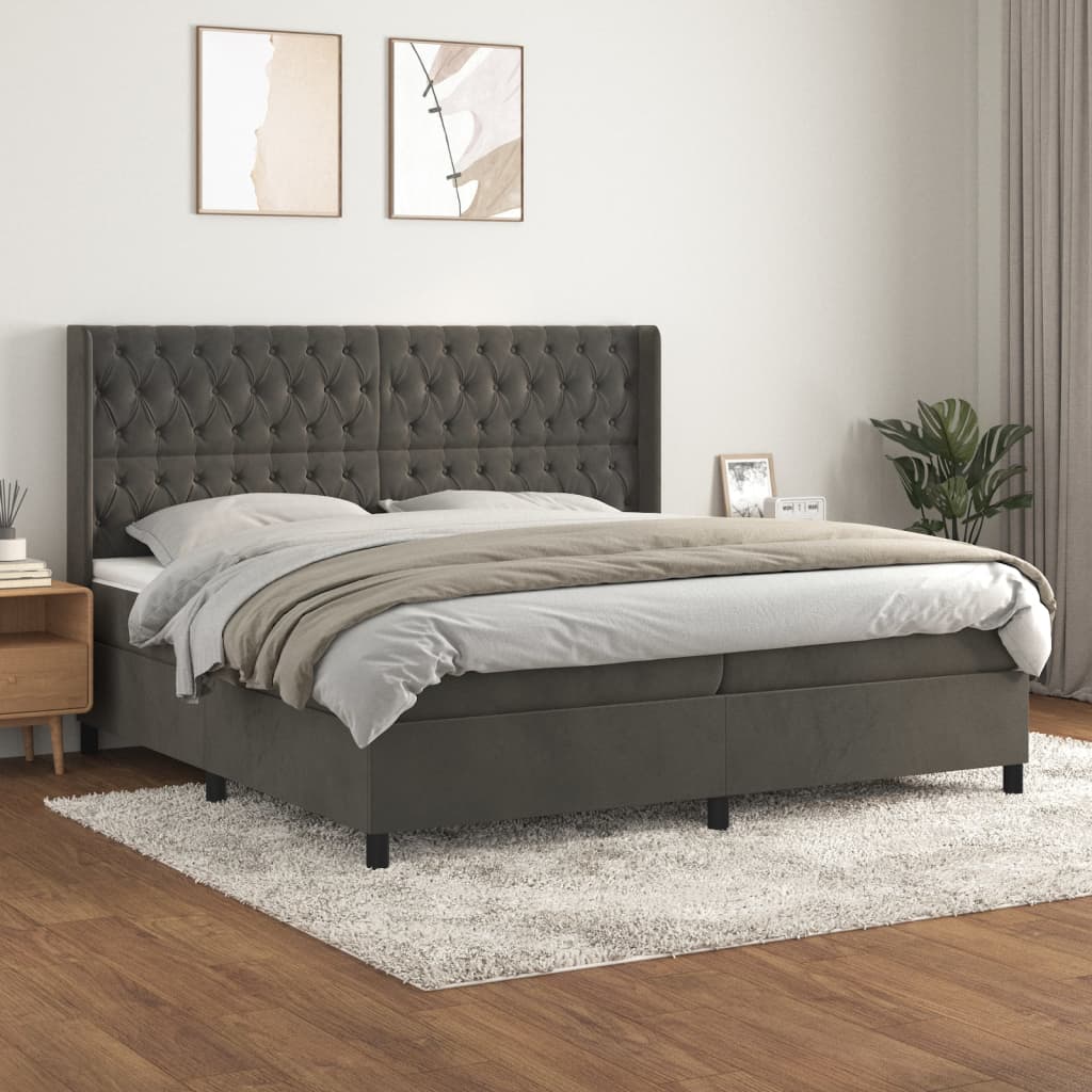 Κρεβάτι Boxspring με Στρώμα Σκούρο Γκρι 200x200 εκ. Βελούδινο - Pakobazaar