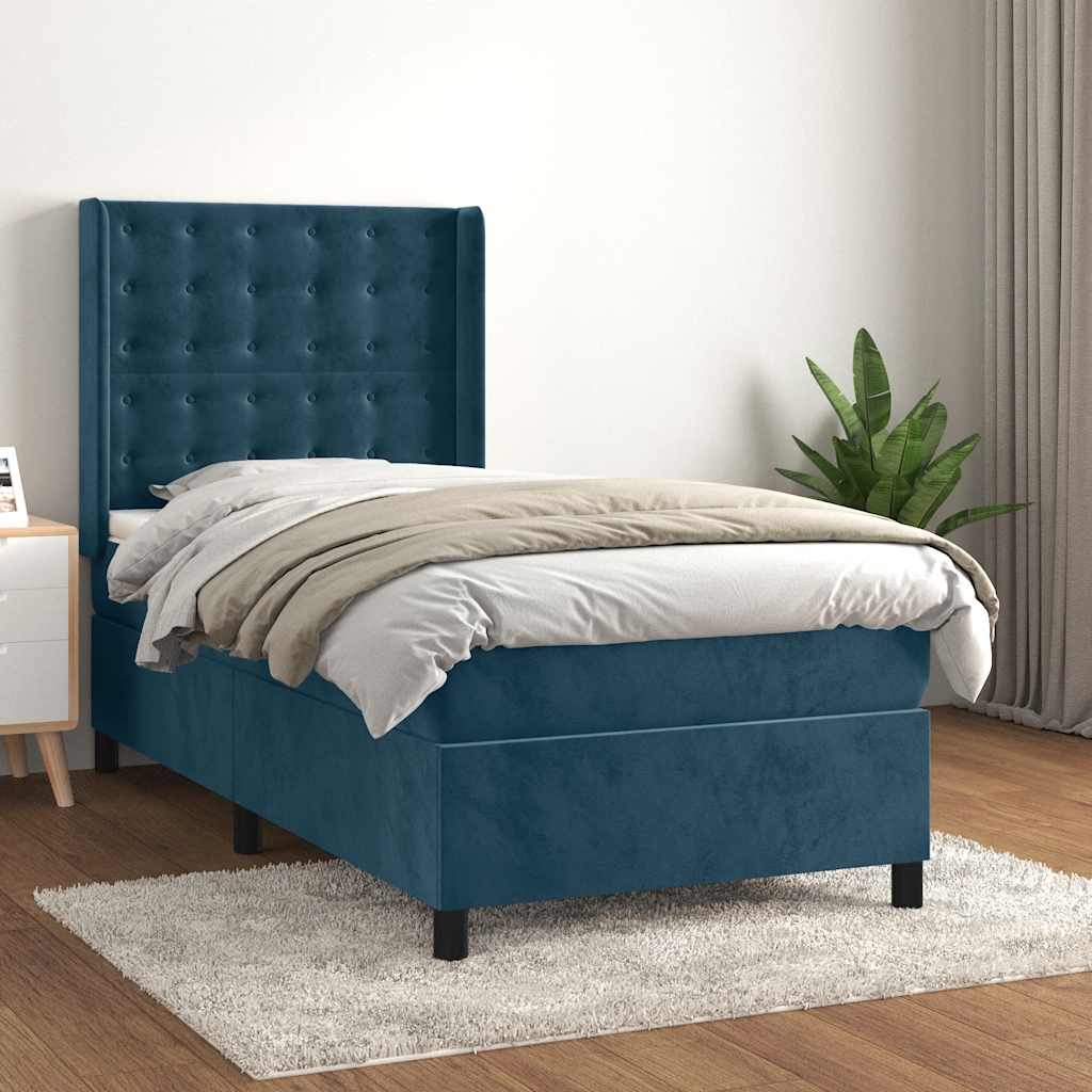 Κρεβάτι Boxspring με Στρώμα Σκούρο Μπλε 90x200 εκ. Βελούδινο - Pakobazaar
