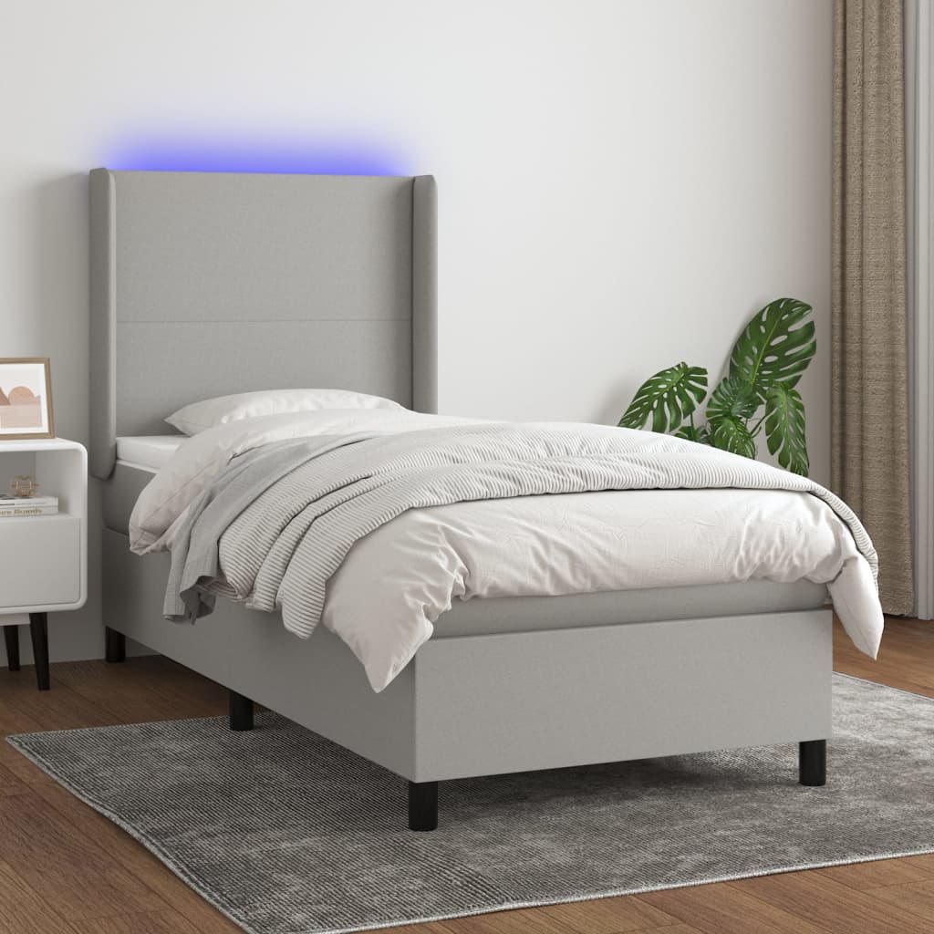 Κρεβάτι Boxspring με Στρώμα & LED Αν.Γκρι 90x190 εκ. Υφασμάτινο