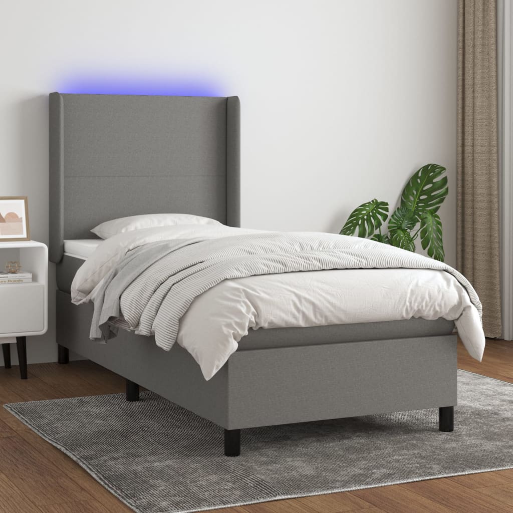 Κρεβάτι Boxspring με Στρώμα & LED Σκ.Γκρι 90x190 εκ. Υφασμάτινο