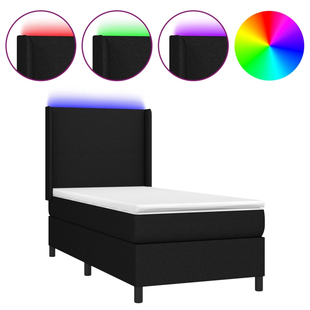 Κρεβάτι Boxspring με Στρώμα & LED Μαύρο 90x190 εκ. Υφασμάτινο - Pakobazaar