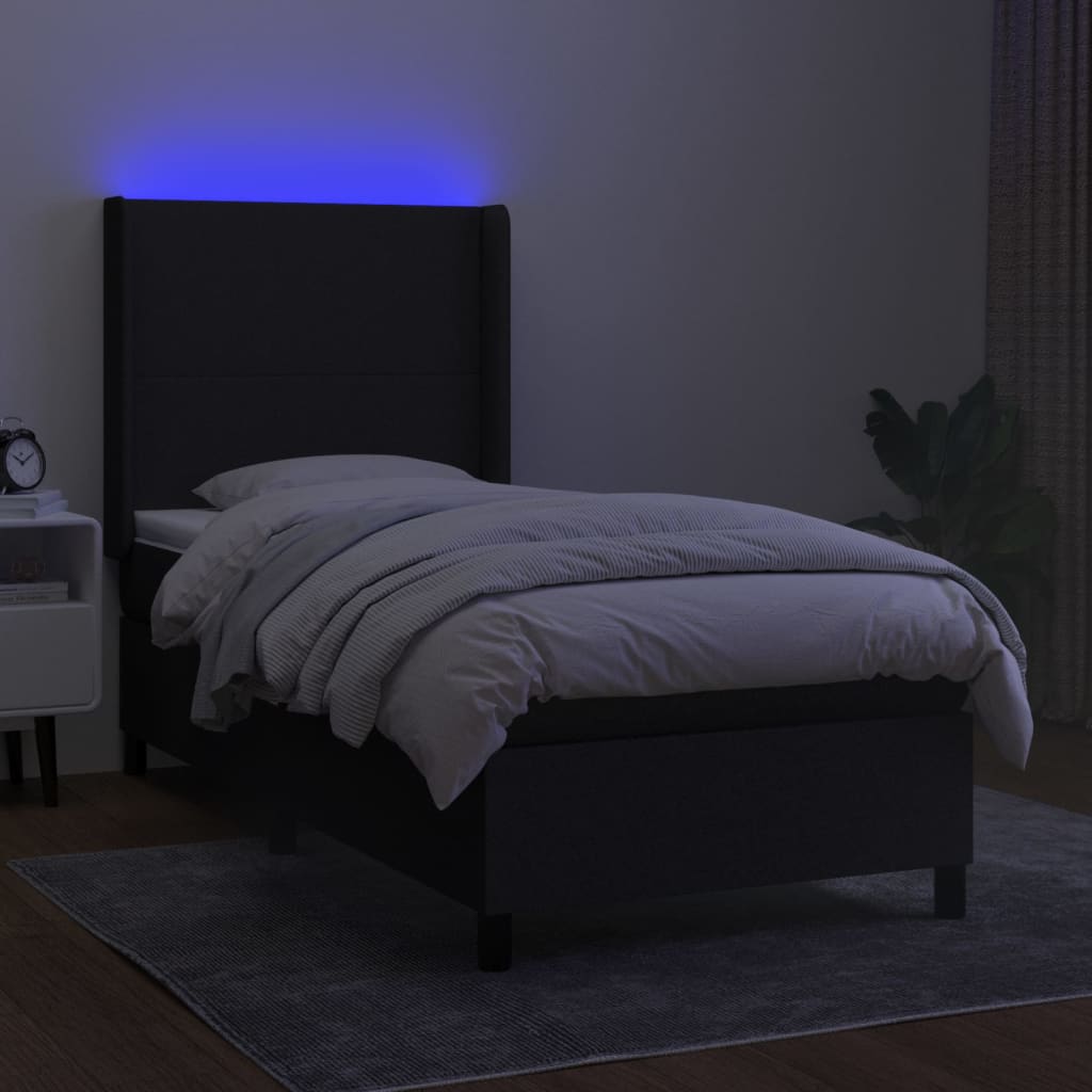 Κρεβάτι Boxspring με Στρώμα & LED Μαύρο 90x190 εκ. Υφασμάτινο - Pakobazaar