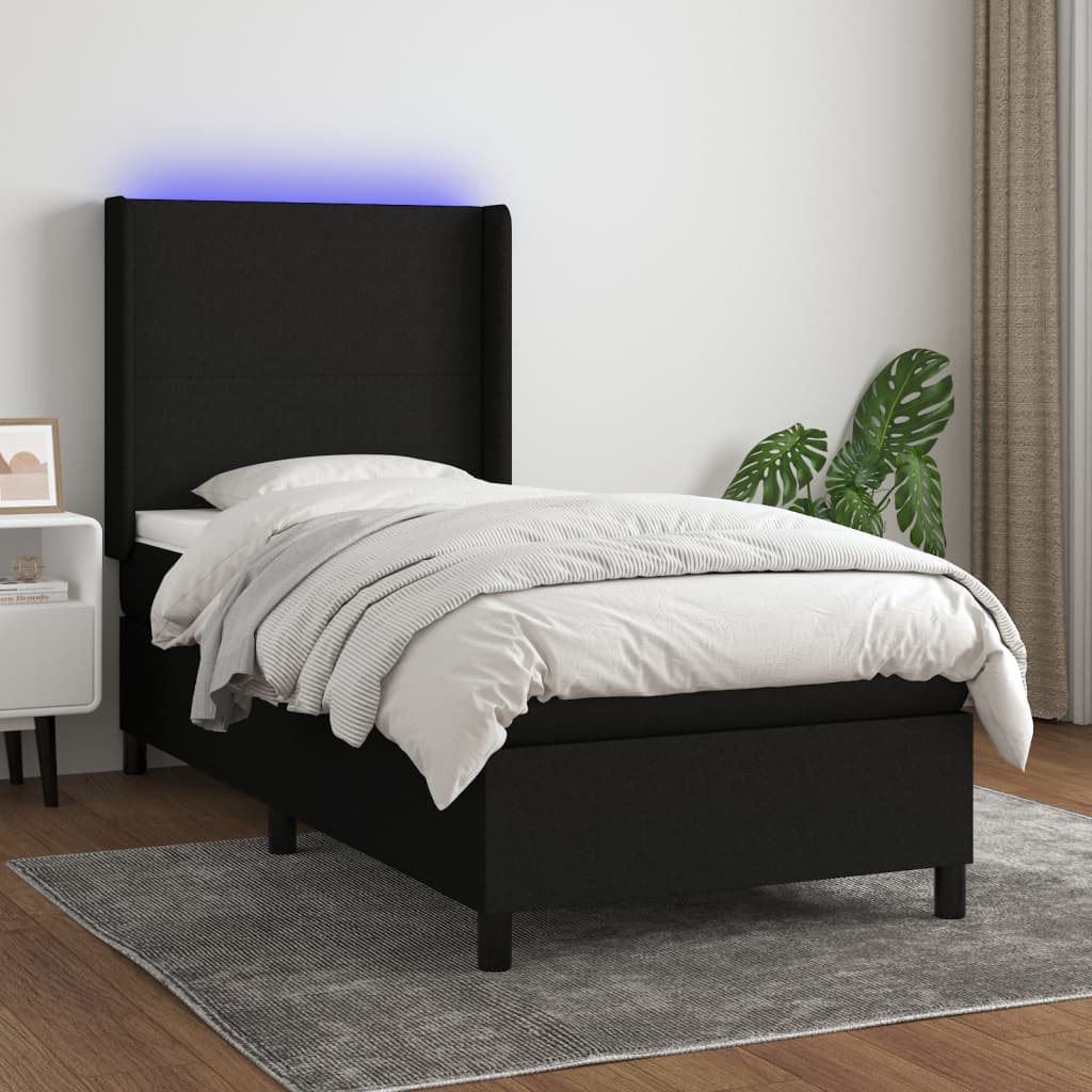 Κρεβάτι Boxspring με Στρώμα & LED Μαύρο 90x190 εκ. Υφασμάτινο - Pakobazaar