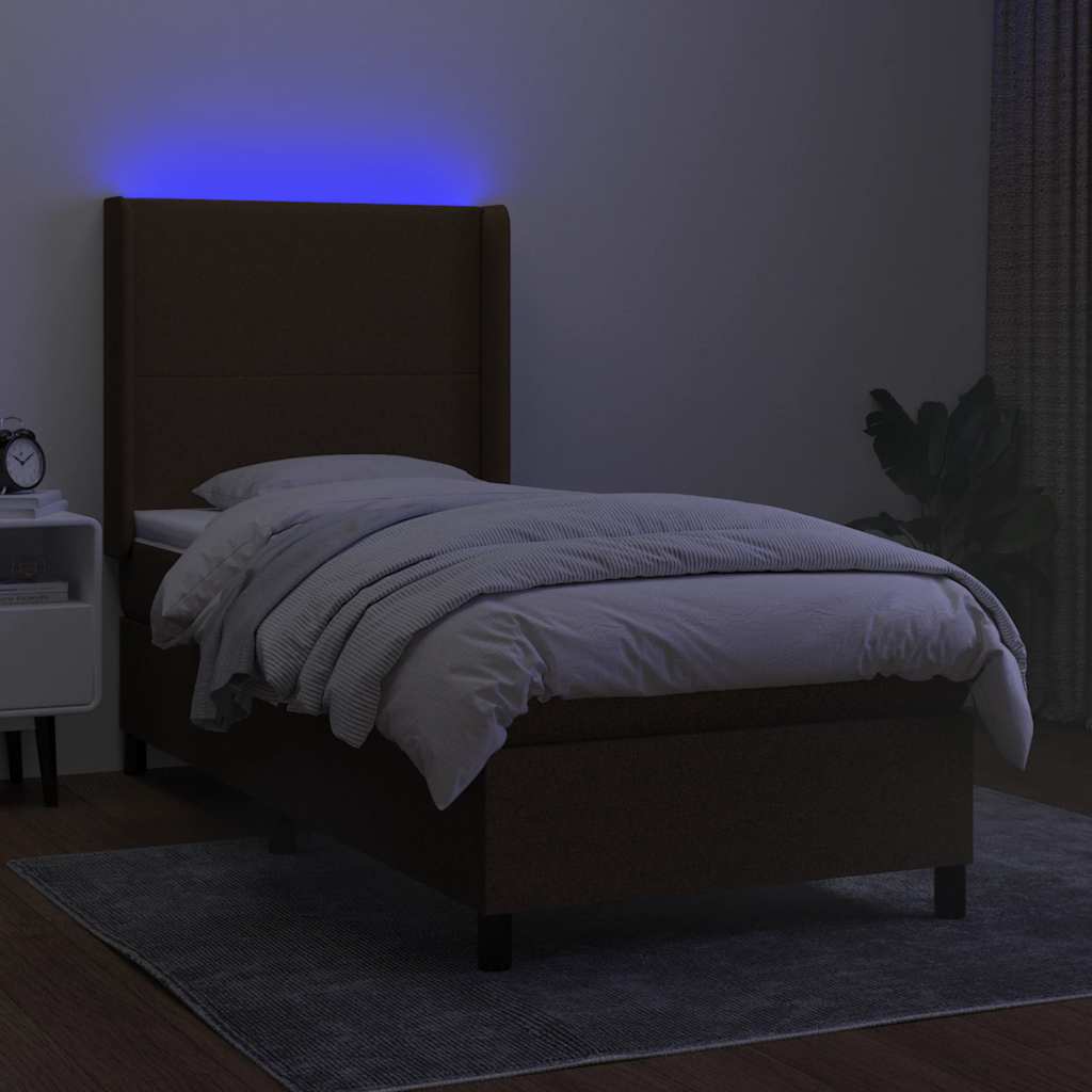 Κρεβάτι Boxspring με Στρώμα & LED Σκ.Καφέ 90x190 εκ. Υφασμάτινο