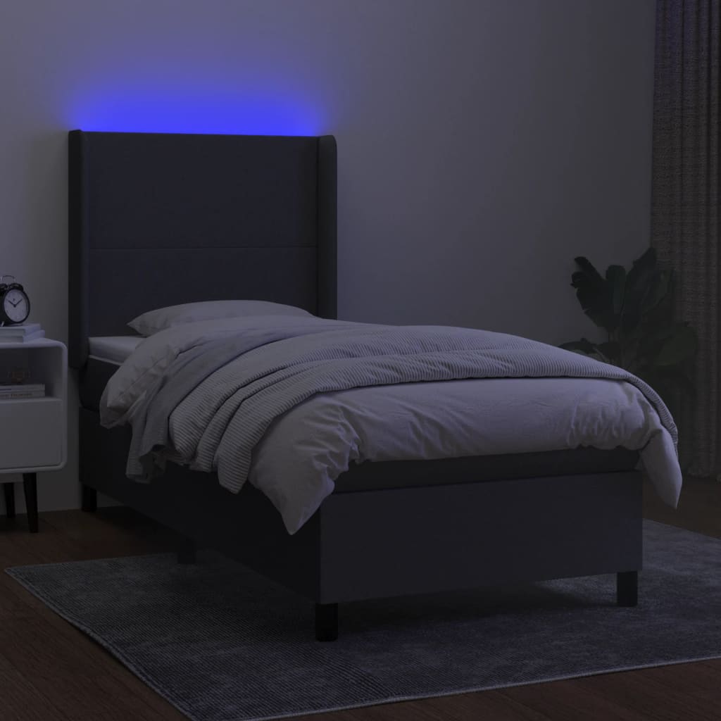 Κρεβάτι Boxspring με Στρώμα & LED Σκ.Γκρι 90x200 εκ. Υφασμάτινο - Pakobazaar