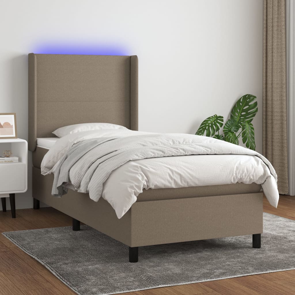 Κρεβάτι Boxspring με Στρώμα & LED Taupe 90x200 εκ. Υφασμάτινο