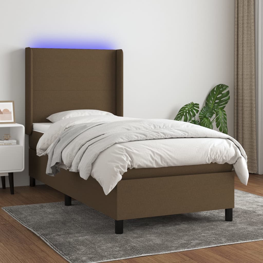 Κρεβάτι Boxspring με Στρώμα & LED Σκ.Καφέ 100x200 εκ Υφασμάτινο
