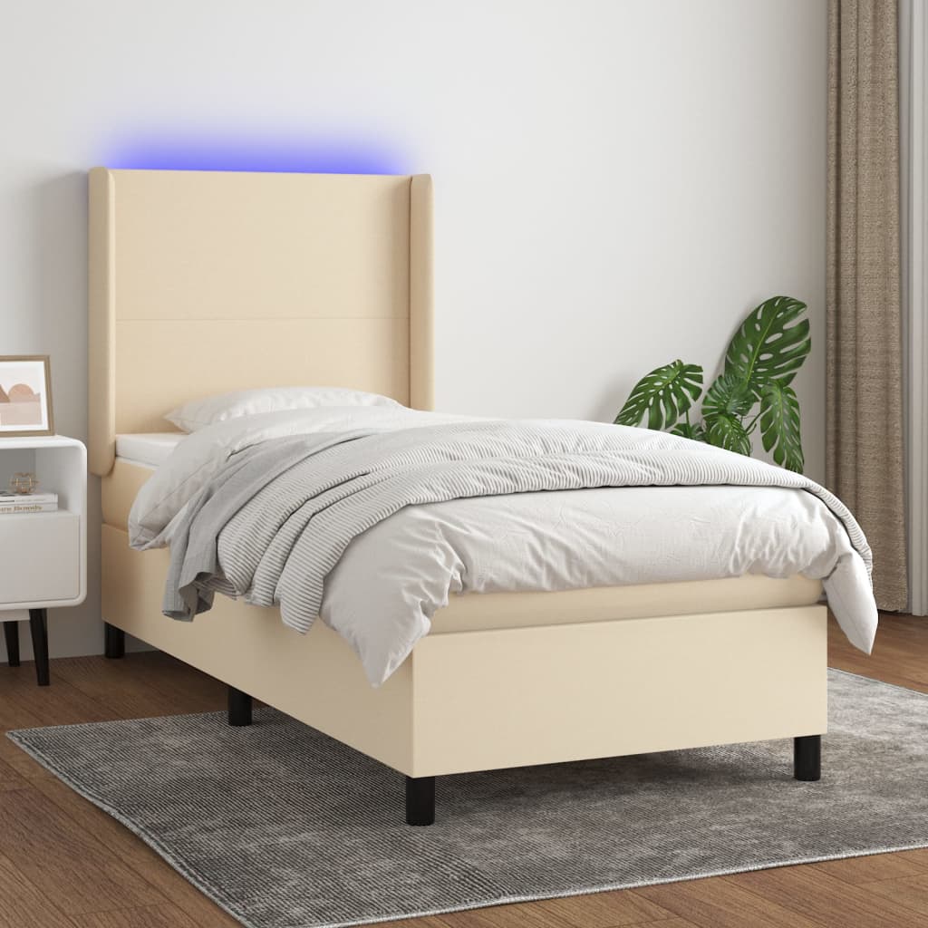Κρεβάτι Boxspring με Στρώμα & LED Κρεμ 100x200 εκ. Υφασμάτινο