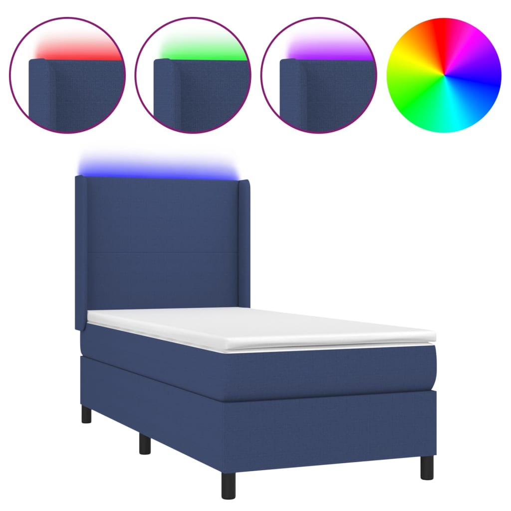 Κρεβάτι Boxspring με Στρώμα & LED Μπλε 100x200 εκ. Υφασμάτινο - Pakobazaar