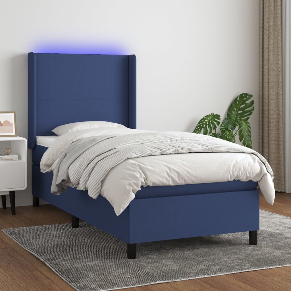 Κρεβάτι Boxspring με Στρώμα & LED Μπλε 100x200 εκ. Υφασμάτινο - Pakobazaar