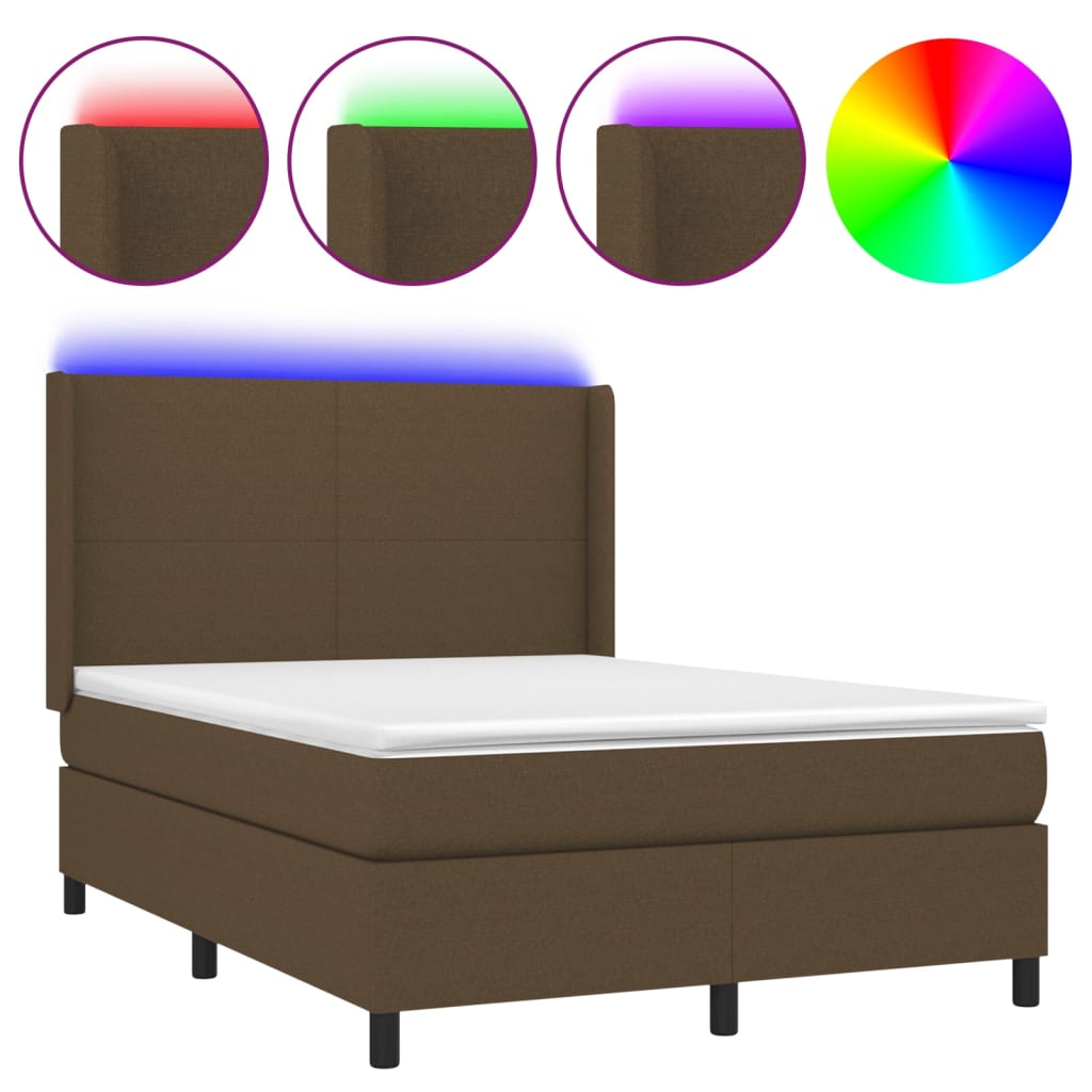 Κρεβάτι Boxspring με Στρώμα & LED Σκ.Καφέ 140x190εκ. Υφασμάτινο