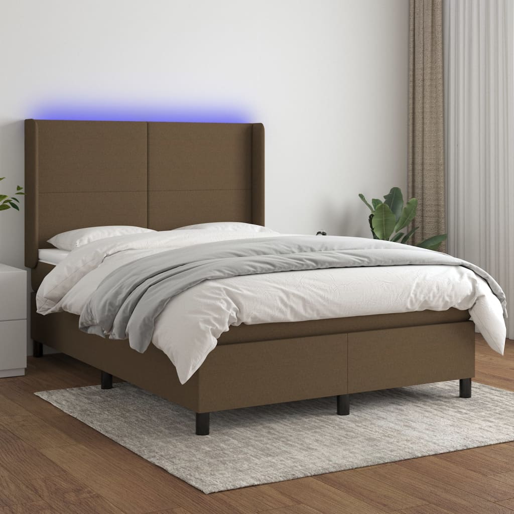 Κρεβάτι Boxspring με Στρώμα & LED Σκ.Καφέ 140x190εκ. Υφασμάτινο