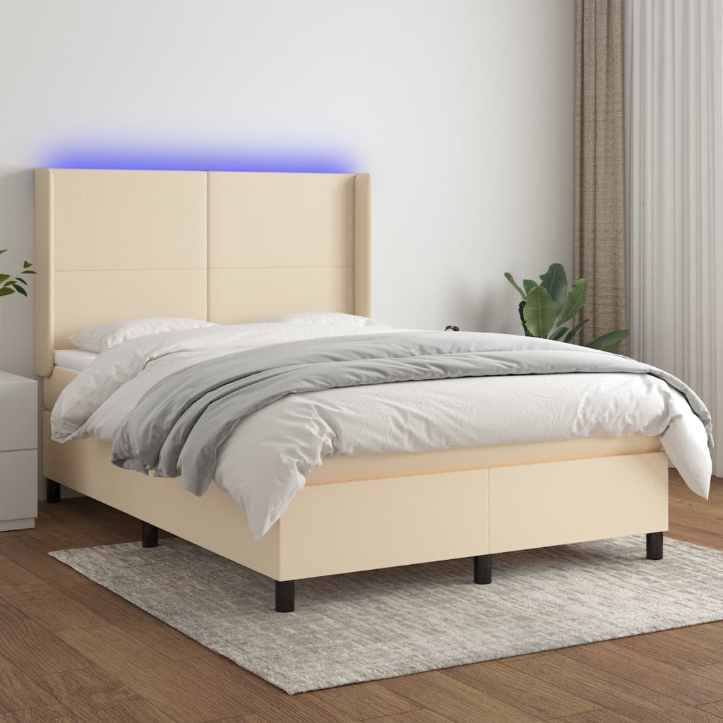 Κρεβάτι Boxspring με Στρώμα & LED Κρεμ 140x190 εκ. Υφασμάτινο - Pakobazaar