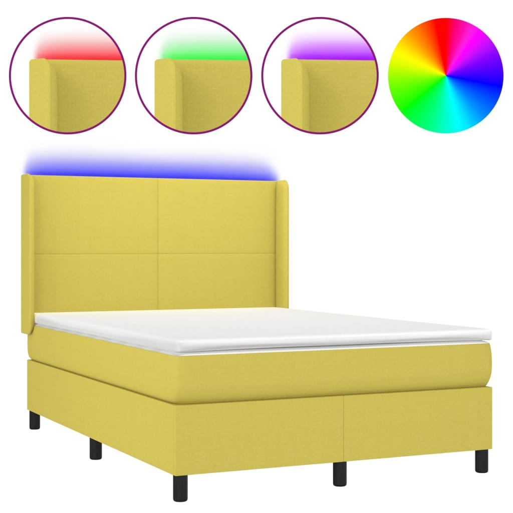 Κρεβάτι Boxspring με Στρώμα & LED Πράσινο 140x190 εκ Υφασμάτινο