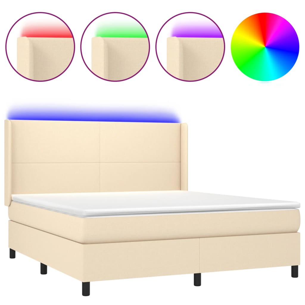 Κρεβάτι Boxspring με Στρώμα & LED Κρεμ 180x200 εκ. Υφασμάτινο