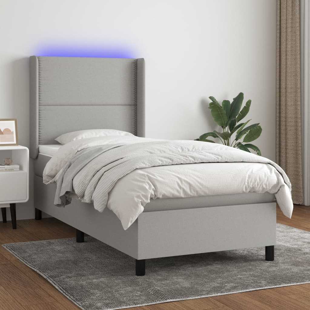 Κρεβάτι Boxspring με Στρώμα & LED Αν.Γκρι 90x190 εκ. Υφασμάτινο