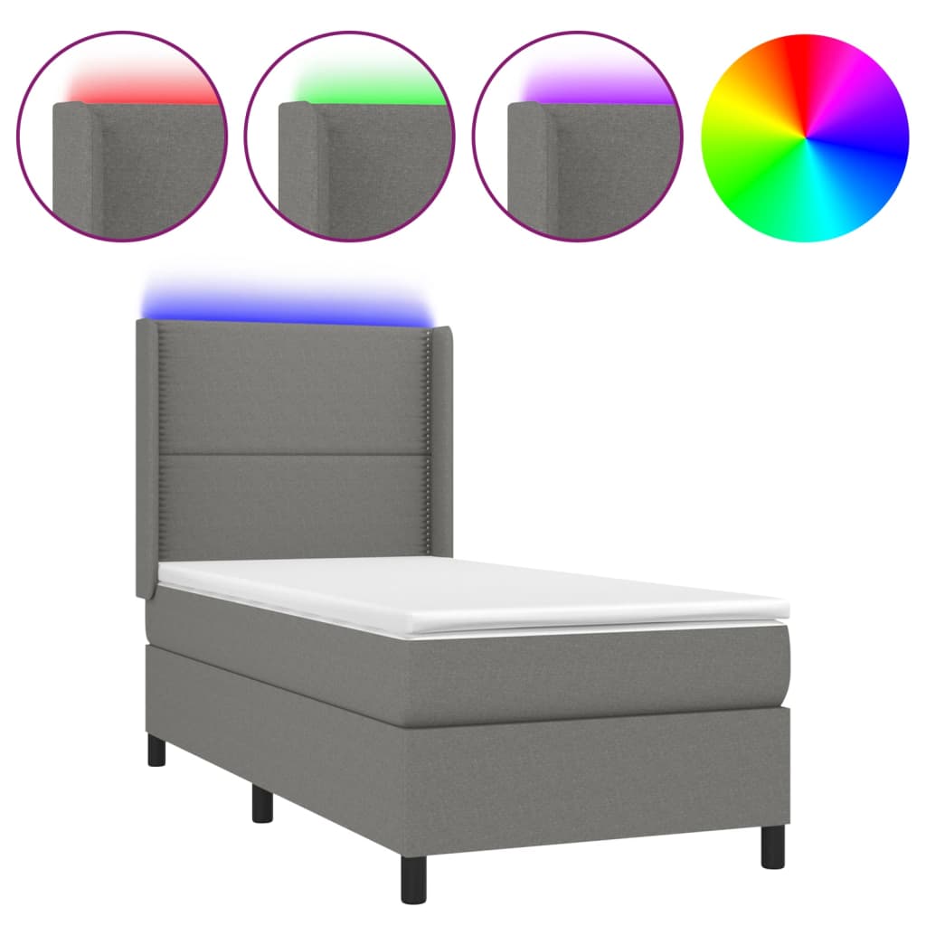 Κρεβάτι Boxspring με Στρώμα & LED Σκ.Γκρι 90x190 εκ. Υφασμάτινο