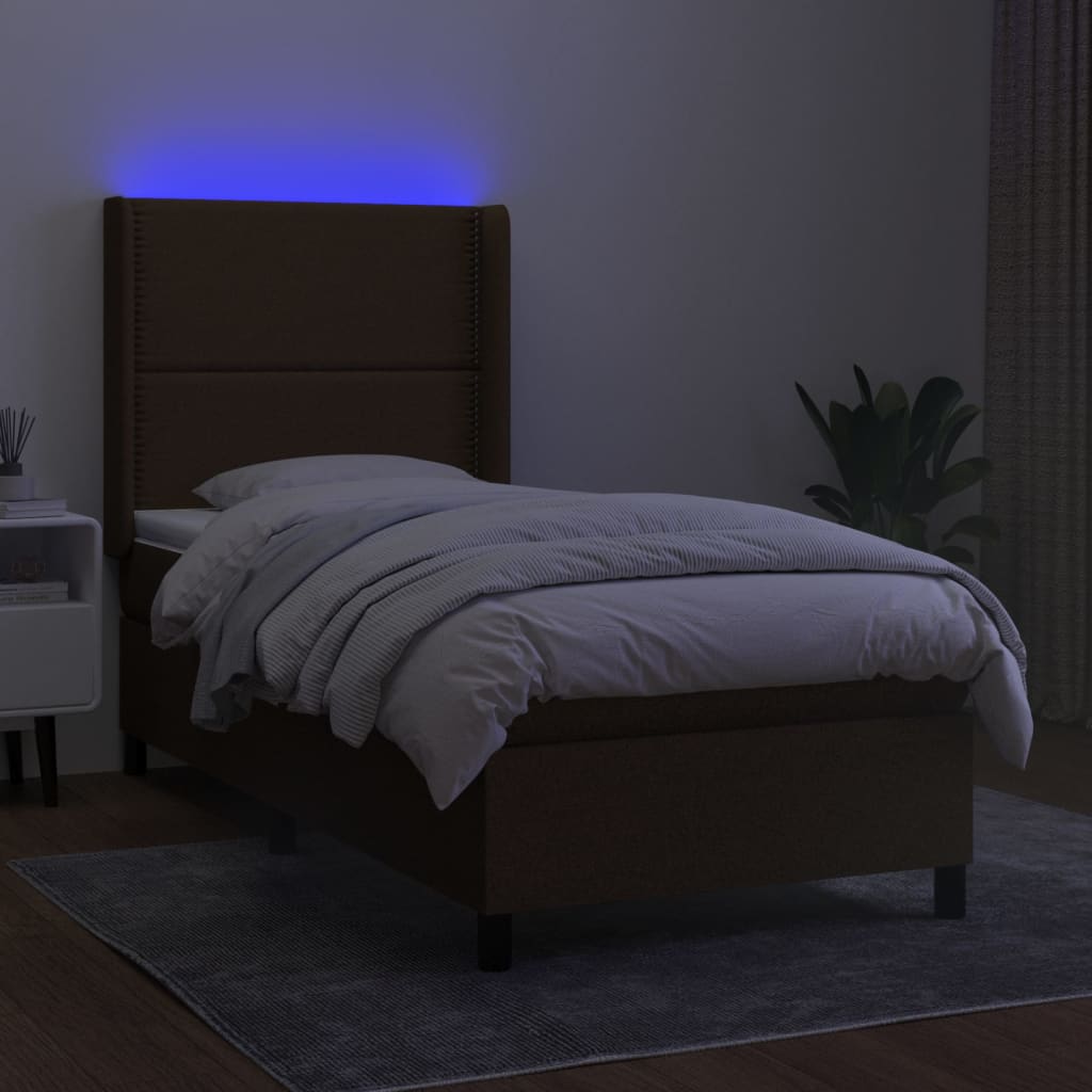 Κρεβάτι Boxspring με Στρώμα & LED Σκ.Καφέ 90x200 εκ. Υφασμάτινο
