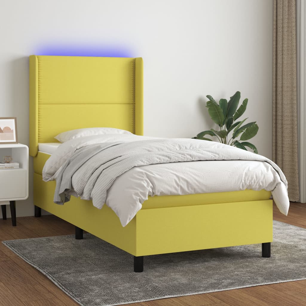 Κρεβάτι Boxspring με Στρώμα & LED Πράσινο 100x200 εκ Υφασμάτινο