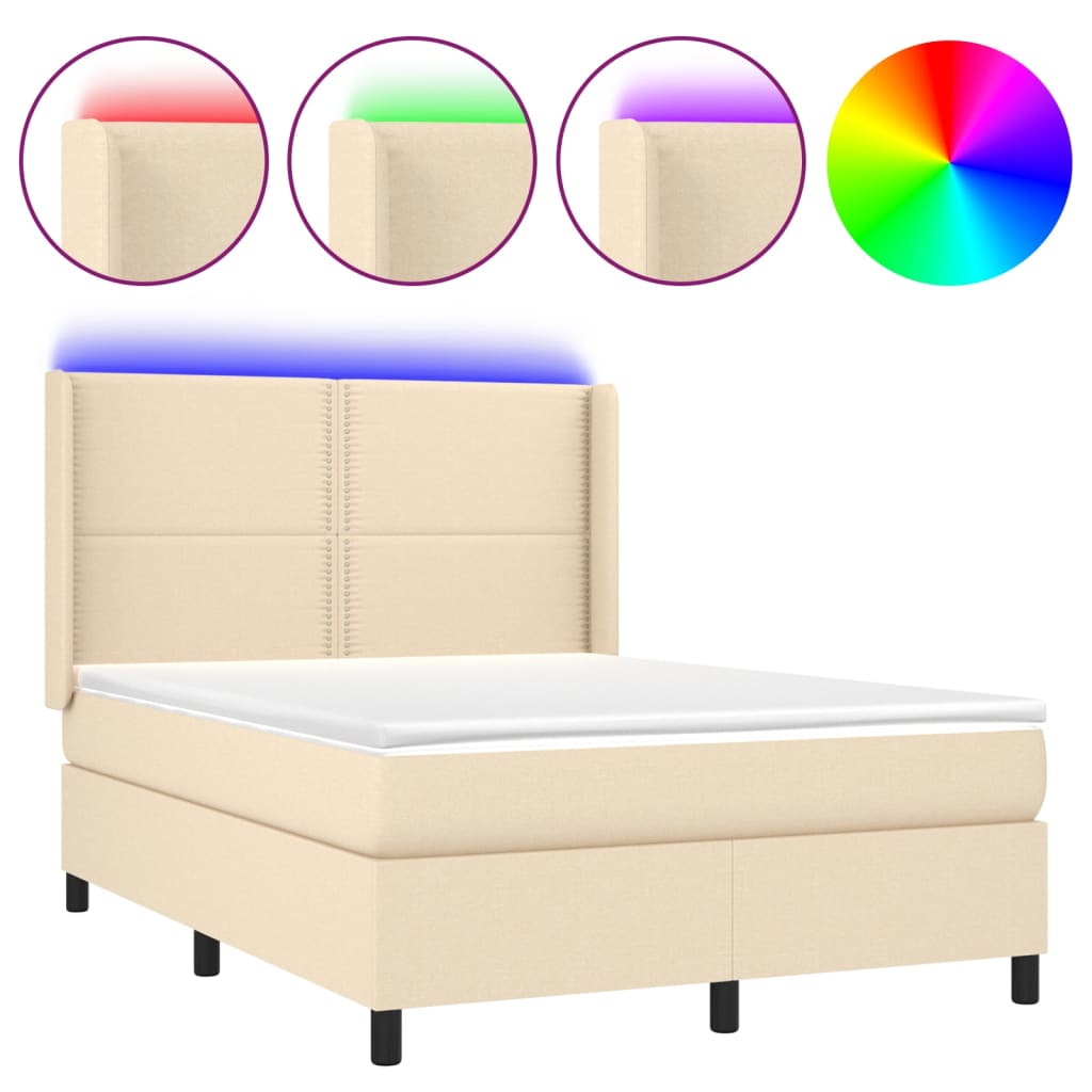 Κρεβάτι Boxspring με Στρώμα & LED Κρεμ 140x200 εκ. Υφασμάτινο