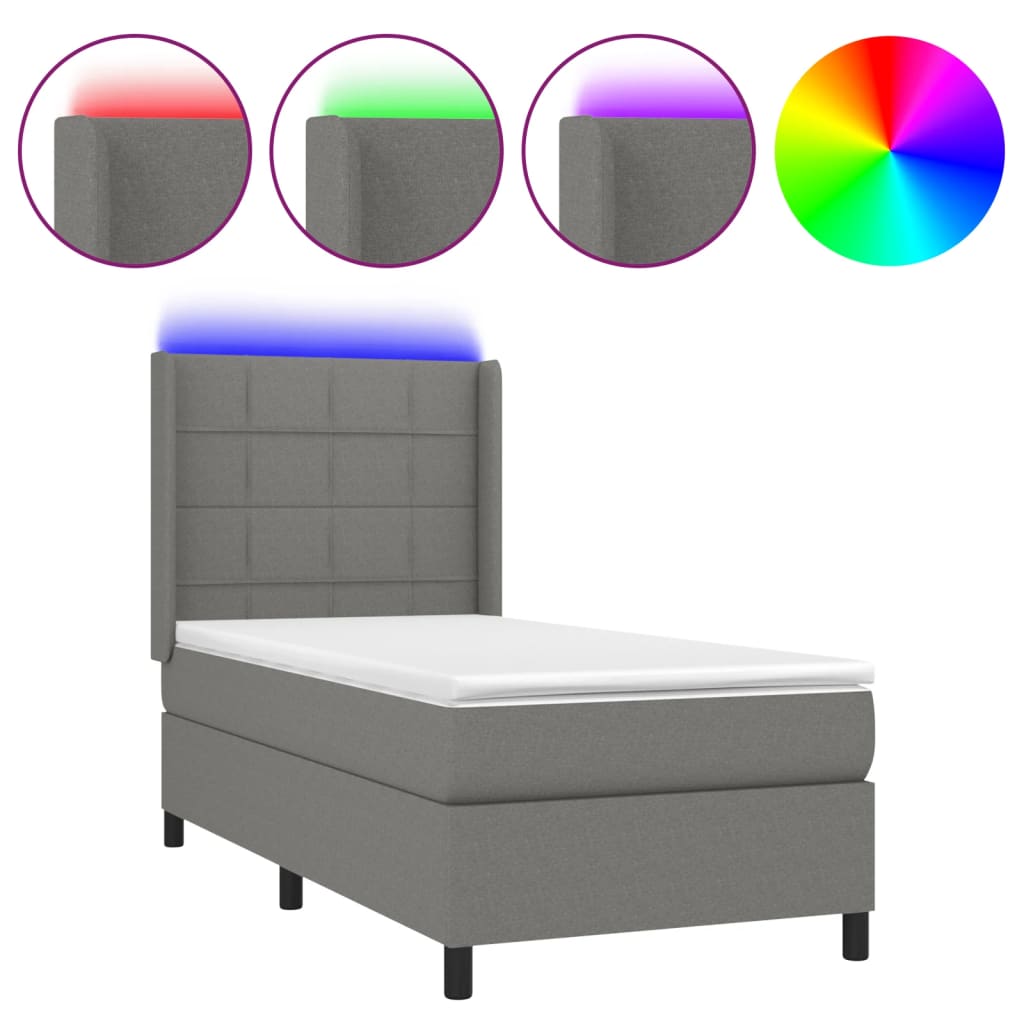 Κρεβάτι Boxspring με Στρώμα & LED Σκ.Γκρι 80x200 εκ. Υφασμάτινο