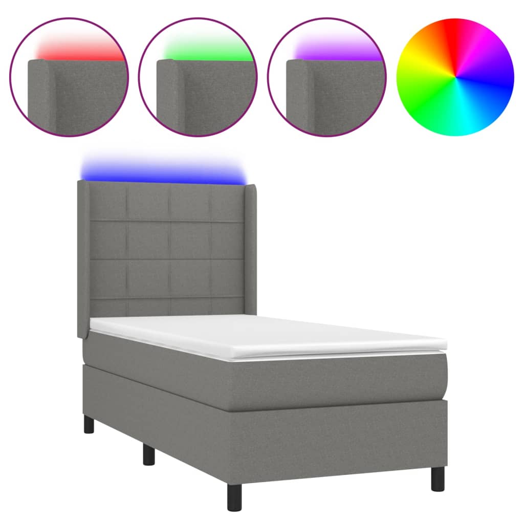 Κρεβάτι Boxspring με Στρώμα & LED Σκ.Γκρι 90x190 εκ. Υφασμάτινο