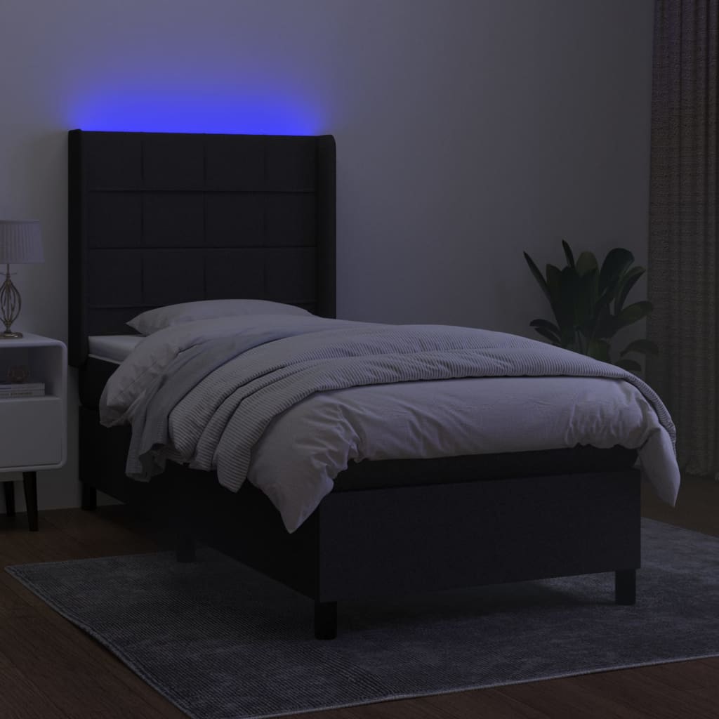 Κρεβάτι Boxspring με Στρώμα & LED Μαύρο 90x190 εκ. Υφασμάτινο - Pakobazaar