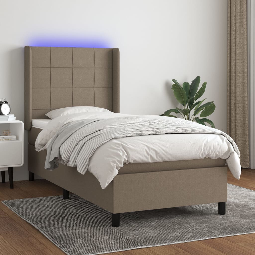 Κρεβάτι Boxspring με Στρώμα & LED Taupe 90x190 εκ. Υφασμάτινο